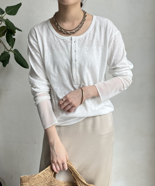 DouDou(ドゥドゥ)の「袖シアー切替ヘンリー(Tシャツ/カットソー・レディース・オフホワイト/グレー・FREE)」の16枚目の写真