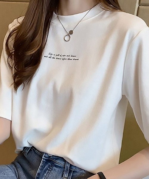 LETee(レティー)の「シンプルなのに上品見え!さりげないメッセージロゴで大人かわいい万能Tシャツ(Tシャツ/カットソー・レディース・ブラック/オレンジ/ホワイト/グリーン・FREE)」の5枚目の写真