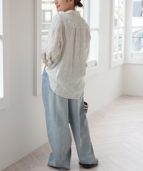 美品✨レリューム　No.66 フレンチリネンシャツ　スキッパーシャツ　ストライプ JOURNAL STANDARD relume ブラウス シャツ 「手洗い可能」大人な