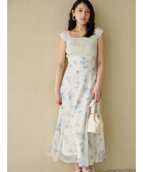 MERCURYDUO(マーキュリーデュオ)の「ベアニットドッキング花柄バックレースアップワンピース(ワンピース・レディース・ブルー/ベージュ/ネイビー/ミント・MEDIUM/SMALL)」の1枚目の写真