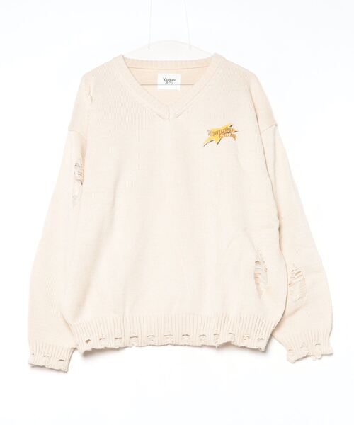 younger song（ヤンガーソング）の「star logo v neck damage knit（ニット/セーター・メンズ・チャコール/クリーム/グレー・LARGE/MEDIUM）」の3枚目の写真