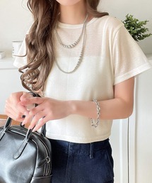 さりげなく輝くラメが主役。ラメ入りショート丈Tシャツ（半袖）