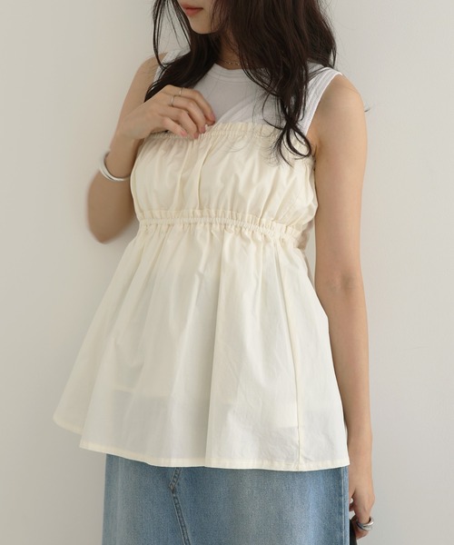 新品 アイボリー リボン ビジュー ペプラム キャミ ビスチェ M me eme moment+ キャミソール 前後2WAYエンボスふくれフラワー