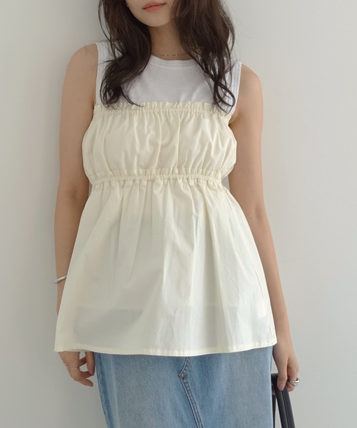 Freesia by andme（フリージアバイアンドミー）の「ペプラムリボンキャミソールビスチェトップス（キャミソール・レディース・サックスブルー/オフホワイト/ブラック・FREE）」の15枚目の写真