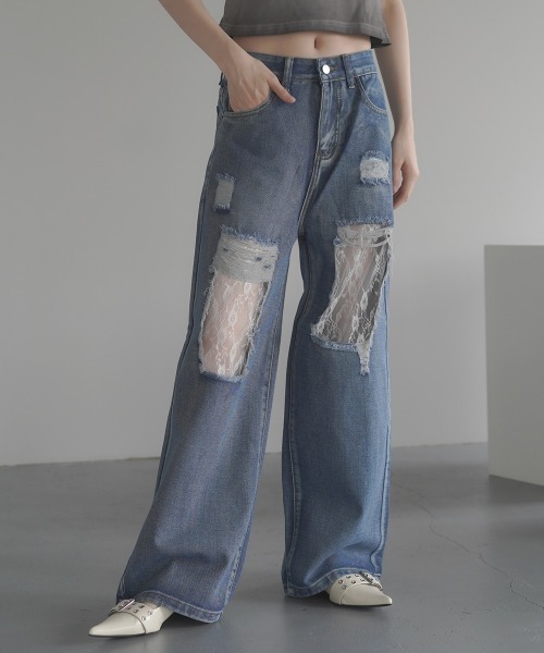 セール】Lace repaired damaged wide straight denim pants / レース