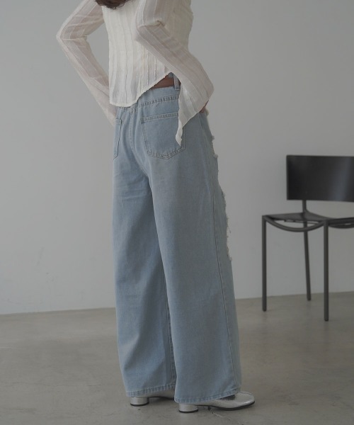 セール】Lace repaired damaged wide straight denim pants