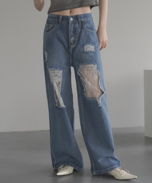 デニム・ジーパン HUECLOSET FK Damage Wide Denim Pants DAMAGE（ダメージ） HUE(ヒュー) デニム・ジーパン(メンズ