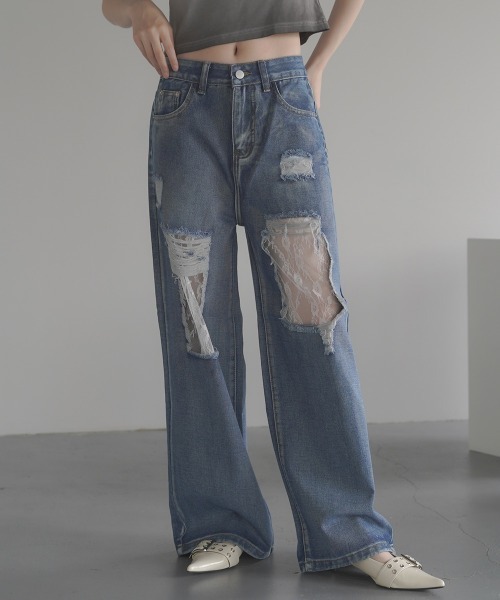韓国商品/NOIRERFORWOMEN WHOLE DAMAGE STRIPE ワイド デニム 韓国商品/NOIRERFORWOMEN WHOLE DAMAGE STRIPE ワイド デニム