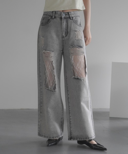 セール】Lace repaired damaged wide straight denim pants