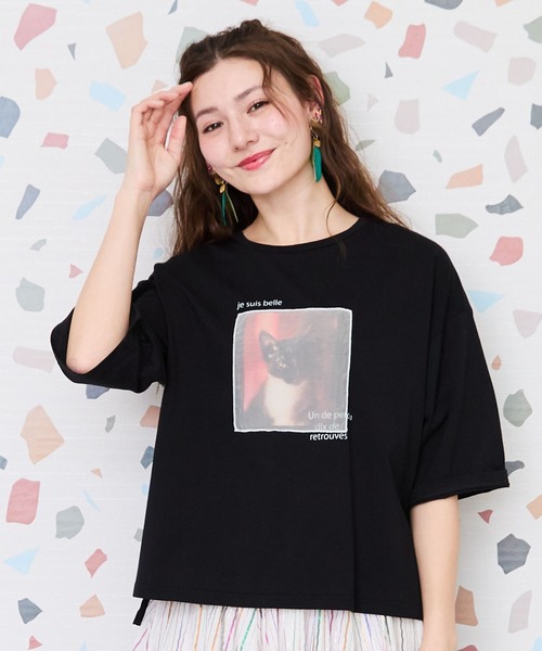 JETSET SOLO PLUS (ジェットセットソロプラス)の「【FONT LAB】オーガンジーコンビキャットプリントTシャツ(Tシャツ/カットソー・レディース・ブラック・FREE)」の1枚目の写真