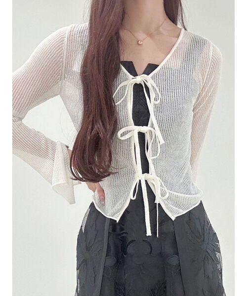 MERCURYDUO（マーキュリーデュオ）の「シアーフロントリボンカーデ（カーディガン/ボレロ・レディース・オフホワイト/ミント/ネイビー/ピンク・FREE）」の2枚目の写真