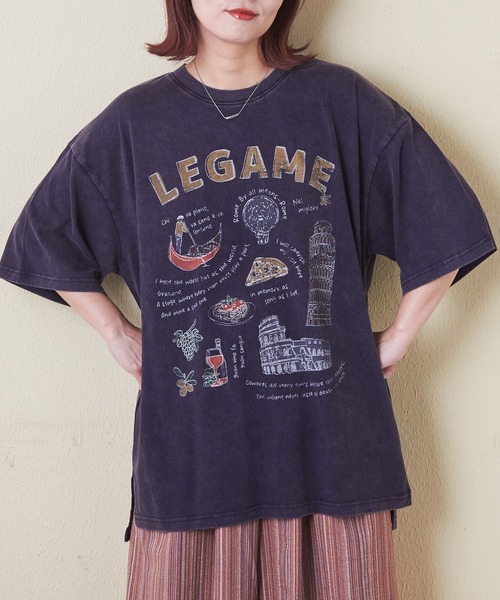 CUBE SUGAR（キューブシュガー）の「26/-天竺パウダー加工イタリアプリントビッグTシャツ（Tシャツ/カットソー・レディース・グレイッシュベージュ/マルチ/レッド/イエロー/ネイビー・M）」の3枚目の写真