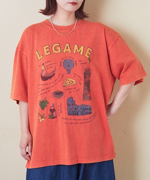 CUBE SUGAR（キューブシュガー）の「26/-天竺パウダー加工イタリアプリントビッグTシャツ（Tシャツ/カットソー・レディース・グレイッシュベージュ/マルチ/レッド/イエロー/ネイビー・M）」の4枚目の写真