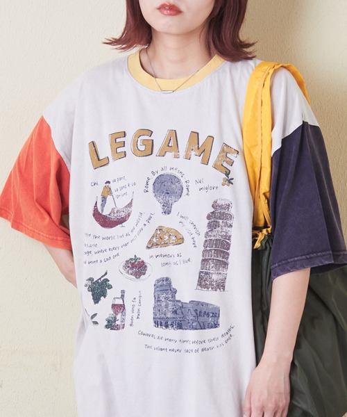 CUBE SUGAR（キューブシュガー）の「26/-天竺パウダー加工イタリアプリントビッグTシャツ（Tシャツ/カットソー・レディース・グレイッシュベージュ/マルチ/レッド/イエロー/ネイビー・M）」の5枚目の写真