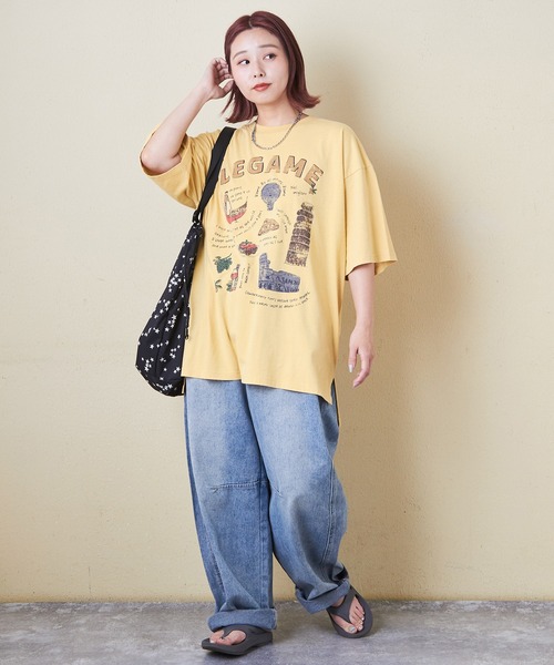 CUBE SUGAR（キューブシュガー）の「26/-天竺パウダー加工イタリアプリントビッグTシャツ（Tシャツ/カットソー・レディース・グレイッシュベージュ/マルチ/レッド/イエロー/ネイビー・M）」の6枚目の写真