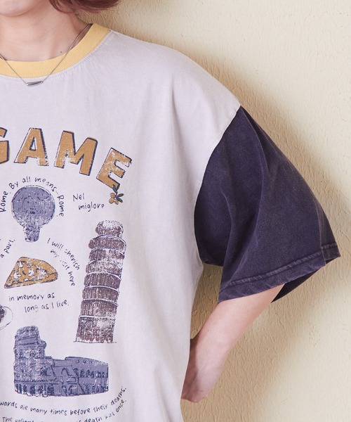 CUBE SUGAR（キューブシュガー）の「26/-天竺パウダー加工イタリアプリントビッグTシャツ（Tシャツ/カットソー・レディース・グレイッシュベージュ/マルチ/レッド/イエロー/ネイビー・M）」の22枚目の写真