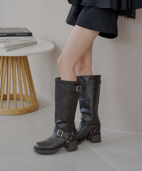 CHANEL キルティングレザーブーツ　エンジニアブーツ 膝下丈グレー361/2 SALE】晴雨兼用 チャンキーヒールロングブーツRANDA公式サイト