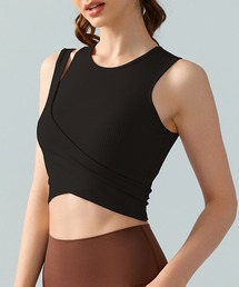 Lace Ladies(レースレディース)のソリッドカラー フェイクレイヤード リブ ヨガ ハーフトップ(スポーツブラ)