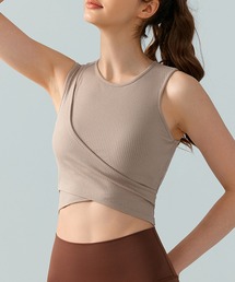 Lace Ladies(レースレディース)のソリッドカラー フェイクレイヤード リブ ヨガ ハーフトップ(スポーツブラ)
