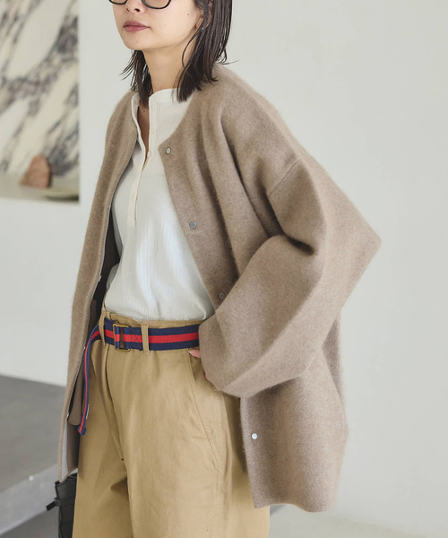 JOURNAL STANDARD（ジャーナルスタンダード）の「ダブルフェイスコクーンニットジャケット（カーディガン/ボレロ・レディース・ベージュ/チャコールグレー・FREE）」の12枚目の写真