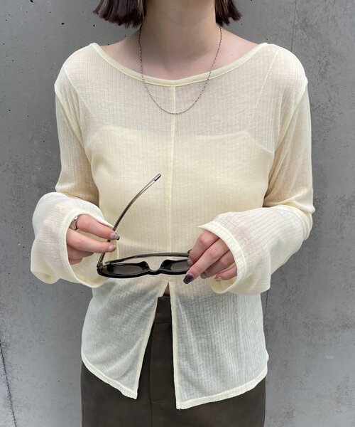 mline（エムライン）の「[mline]スリットシアーロンT（Tシャツ/カットソー・レディース・イエロー/ブラック/オフホワイト・FREE）」の3枚目の写真