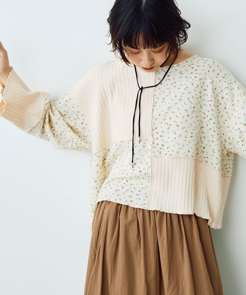 フラワーリブパッチワークトップス（Tシャツ/カットソー）｜Crisp