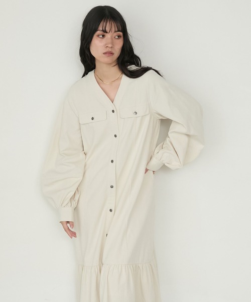 forksy.】ボリュームスリーブVネックティアードデニムワンピース