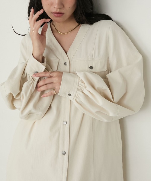 セール】【forksy.】ボリュームスリーブVネックティアードデニム