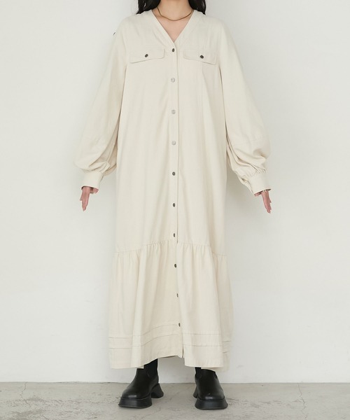 forksy.】ボリュームスリーブVネックティアードデニムワンピース