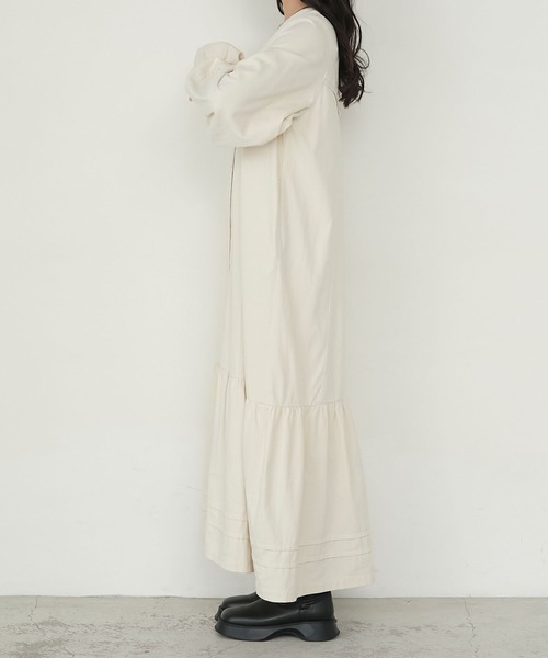 forksy.】ボリュームスリーブVネックティアードデニムワンピース