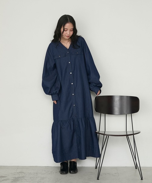 セール】【forksy.】ボリュームスリーブVネックティアードデニム