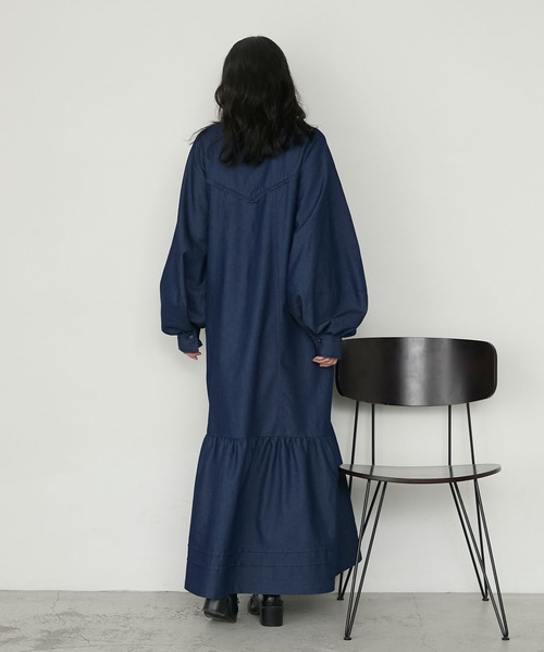 forksy.】ボリュームスリーブVネックティアードデニムワンピース