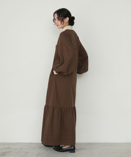 forksy.】ボリュームスリーブVネックティアードデニムワンピース