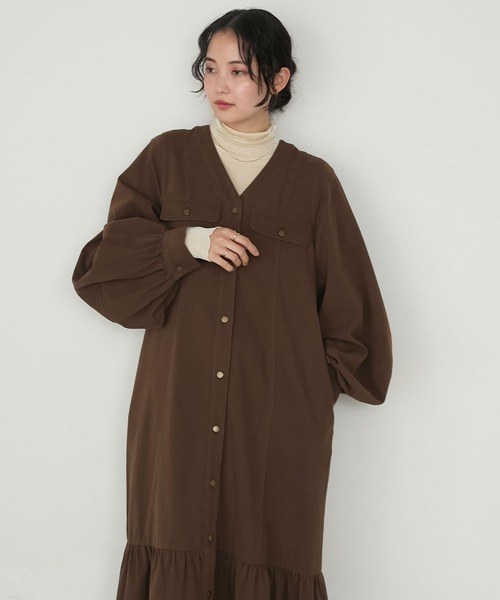 forksy.】ボリュームスリーブVネックティアードデニムワンピース