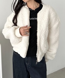 ノーカラージャケット（ホワイト/白色系・ボア）ファッション通販