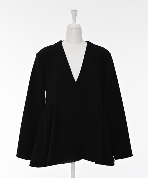 Narcissus(ナルシス)の「ボンディングフレアジャケット(ノーカラージャケット・レディース・ブラック・FREE)」の1枚目の写真