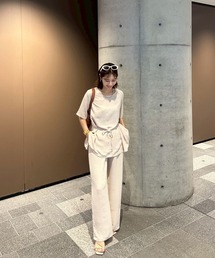 【2点セット】リンクルカットソーセットアップ(chihiro select) / 半袖 五分袖 シンプル リラクシー ウエストゴム ゆったり きれいめ 大人カジュアル