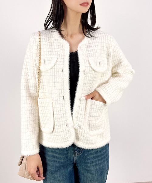 CLOTHY(クロシィ)の「【上品なラメが煌めく。クラシカルムードなツイード風ニット】シャギーニットグラフチェックジャケット(ノーカラージャケット・レディース・ブラック/オフホワイト・FREE)」の2枚目の写真