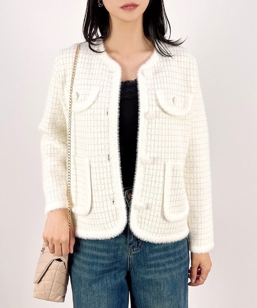 CLOTHY(クロシィ)の「【上品なラメが煌めく。クラシカルムードなツイード風ニット】シャギーニットグラフチェックジャケット(ノーカラージャケット・レディース・ブラック/オフホワイト・FREE)」の9枚目の写真
