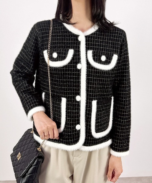 CLOTHY(クロシィ)の「【上品なラメが煌めく。クラシカルムードなツイード風ニット】シャギーニットグラフチェックジャケット(ノーカラージャケット・レディース・ブラック/オフホワイト・FREE)」の13枚目の写真