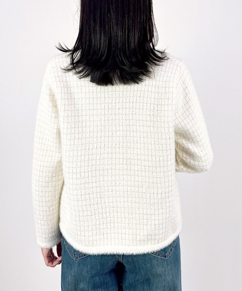CLOTHY(クロシィ)の「【上品なラメが煌めく。クラシカルムードなツイード風ニット】シャギーニットグラフチェックジャケット(ノーカラージャケット・レディース・ブラック/オフホワイト・FREE)」の11枚目の写真