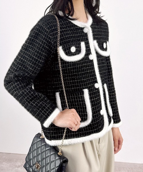 CLOTHY(クロシィ)の「【上品なラメが煌めく。クラシカルムードなツイード風ニット】シャギーニットグラフチェックジャケット(ノーカラージャケット・レディース・ブラック/オフホワイト・FREE)」の15枚目の写真