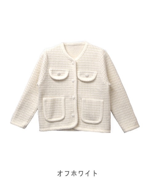 CLOTHY(クロシィ)の「【上品なラメが煌めく。クラシカルムードなツイード風ニット】シャギーニットグラフチェックジャケット(ノーカラージャケット・レディース・ブラック/オフホワイト・FREE)」の20枚目の写真