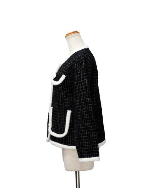 CLOTHY(クロシィ)の「【上品なラメが煌めく。クラシカルムードなツイード風ニット】シャギーニットグラフチェックジャケット(ノーカラージャケット・レディース・ブラック/オフホワイト・FREE)」の22枚目の写真