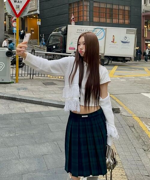 チェックレイヤードウールプリーツスカート_ネイビー（スカート