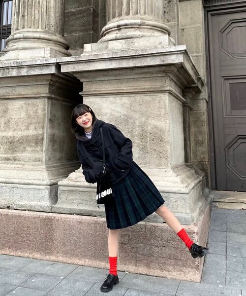 チェックレイヤードウールプリーツスカート_ネイビー（スカート