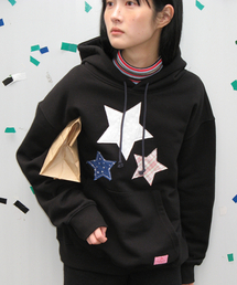 STAR PATCH MIXED APPLIQUE HOODIE BLACK