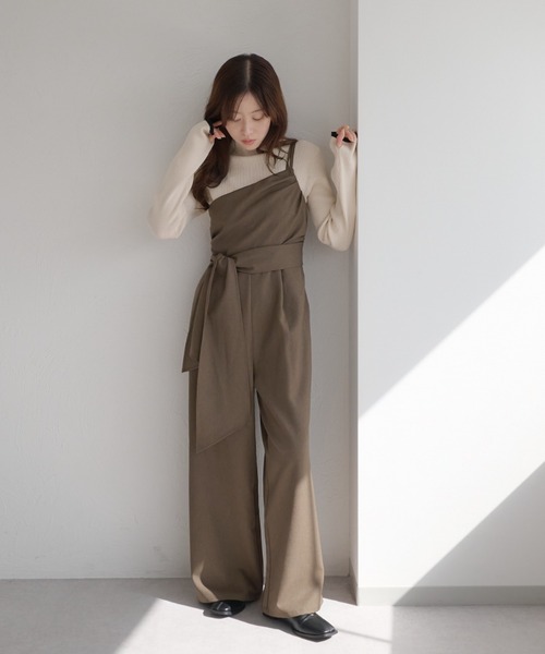 リボン付きワンショルダーオールインワン（つなぎ/オールインワン