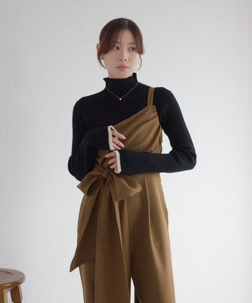 リボン付きワンショルダーオールインワン（つなぎ/オールインワン