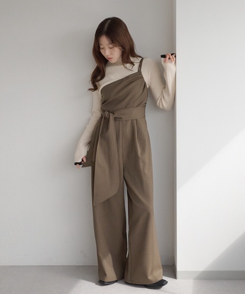 リボン付きワンショルダーオールインワン（つなぎ/オールインワン